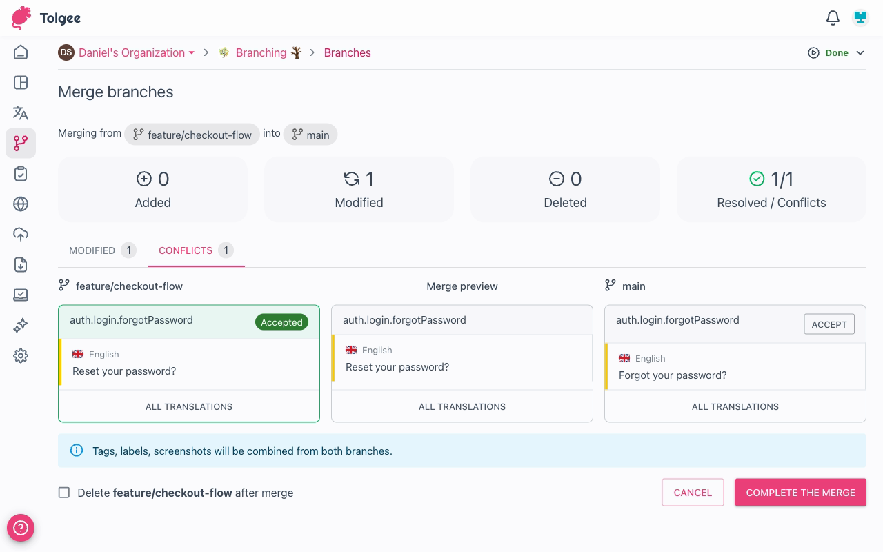 Conflict panel showing source and target versions side by side