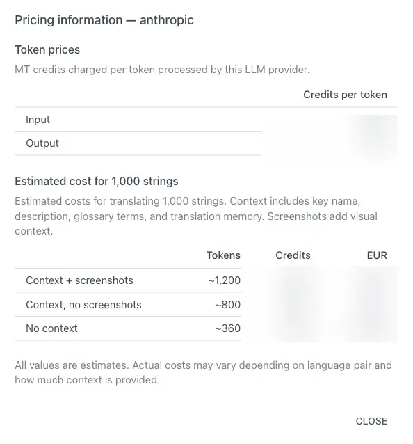 LLM provider pricing information dialog