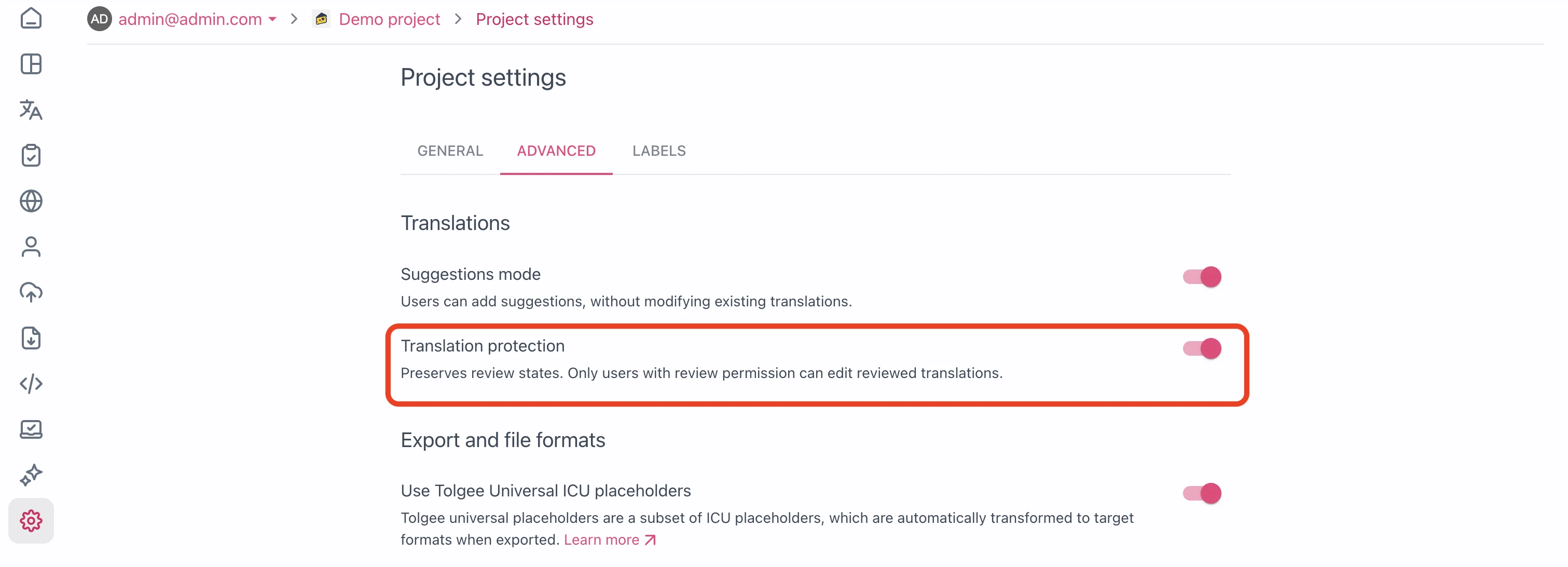 Translation protection settings